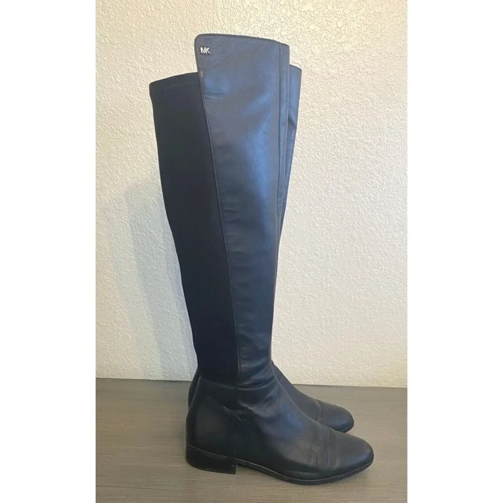 Michael Kors Black Leather Over the Knee Mixed Stretch Boots Low Heel Womens 7.5